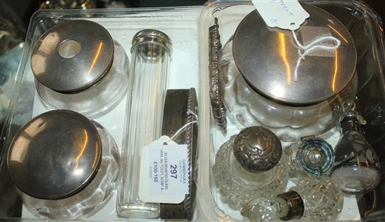 Silver-mounted glass jars, inc toilet, scent & powder (1 af), a silver pin tray, navette-shaped trinket box & sundries (Q)